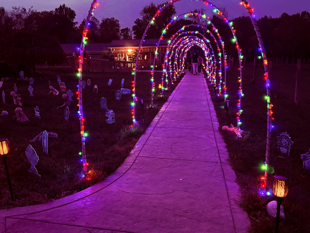 A lit archway walkway through the farm after dark